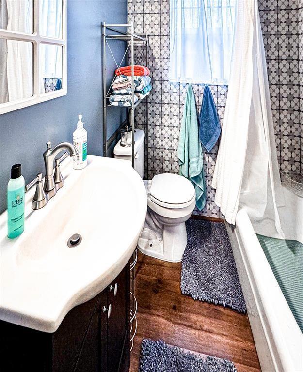 bathroom with wood finished floors, toilet, vanity, and plenty of natural light