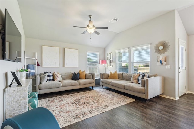3432 Piney River Dr, Yukon, OK 73099 - living room with vaulted ceiling, ceiling fan, dark wood-type flooring, and baseboards