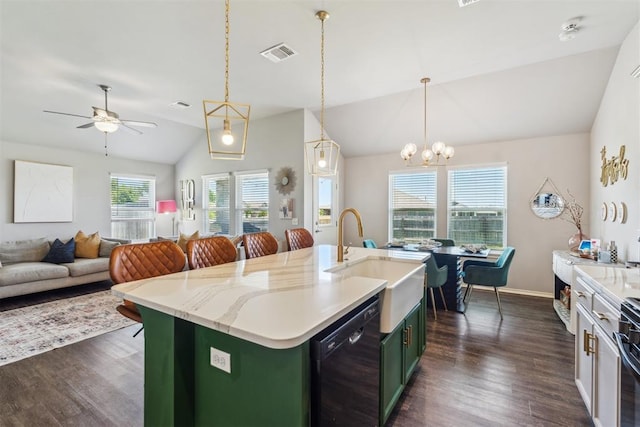 3432 Piney River Dr, Yukon, OK 73099 - kitchen with vaulted ceiling, black dishwasher, a sink, dark wood-type flooring, and green cabinetry