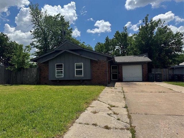 3316 Beechwood Dr, Del City, OK 73115 - ranch-style home with concrete driveway, an attached garage, board and batten siding, and brick siding