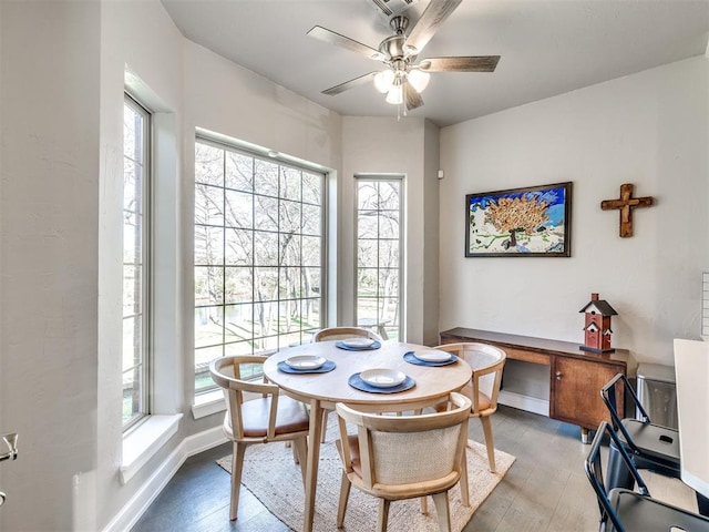 dining room featuring light wood-style floors, plenty of natural light, ceiling fan, and baseboards