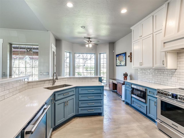 kitchen with stainless steel appliances, a sink, blue cabinetry, healthy amount of natural light, and recessed lighting