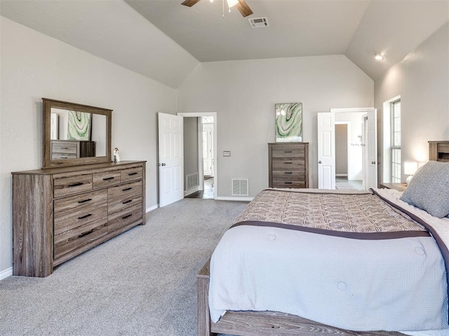 bedroom with carpet, baseboards, high vaulted ceiling, and ceiling fan