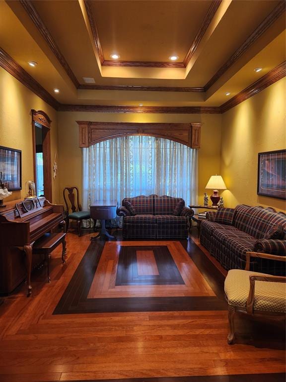11301 Brockton Pl, Oklahoma City, OK 73162 - living room with a tray ceiling, ornamental molding, and wood finished floors