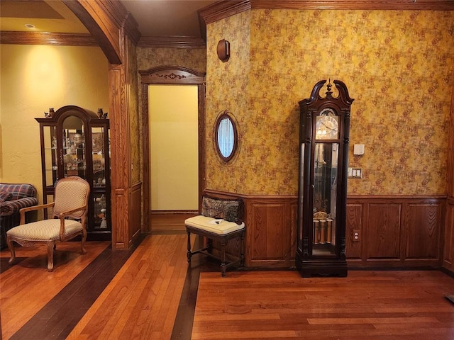 11301 Brockton Pl, Oklahoma City, OK 73162 - corridor featuring a wainscoted wall, hardwood / wood-style floors, wallpapered walls, and crown molding