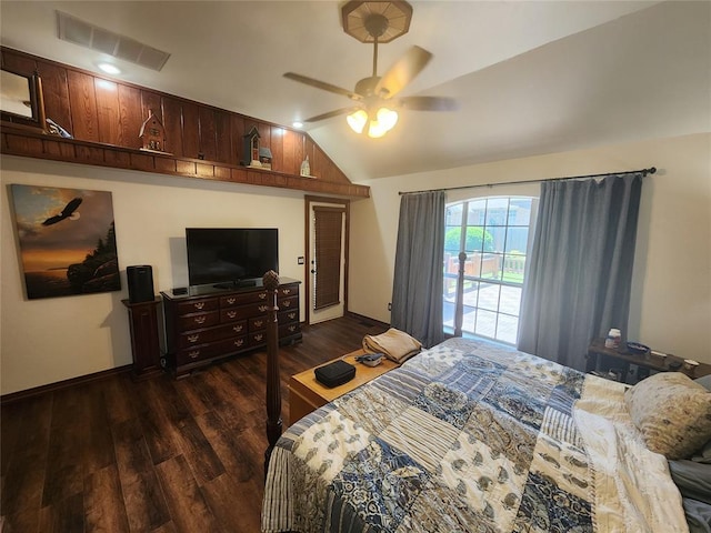 11301 Brockton Pl, Oklahoma City, OK 73162 - bedroom with dark wood-type flooring, lofted ceiling, baseboards, and a ceiling fan
