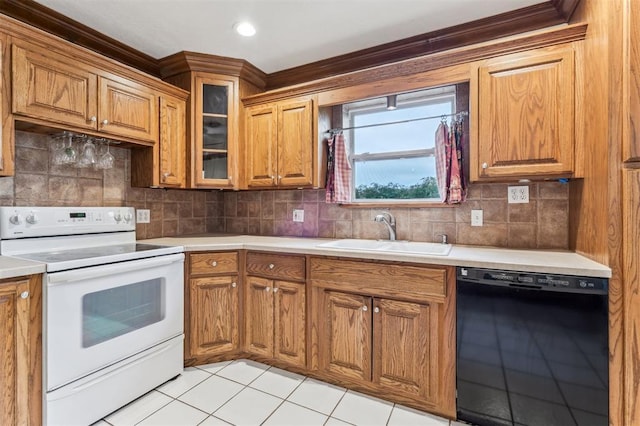kitchen with dishwasher, white electric range oven, a sink, brown cabinetry, and crown molding