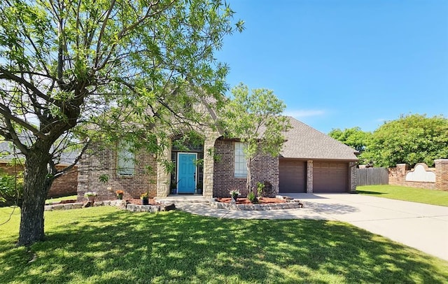 12401 SW 7th St, Yukon, OK 73099 - view of property hidden behind natural elements featuring concrete driveway, brick siding, and an attached garage