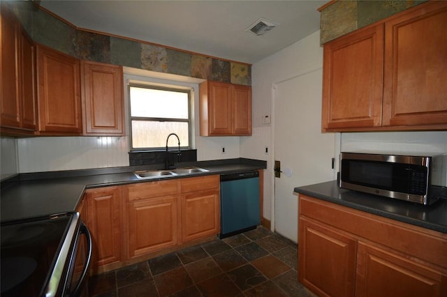 3708 NW 59th St, Oklahoma City, OK 73112 - kitchen featuring stainless steel microwave, dishwashing machine, a sink, range with electric cooktop, and dark countertops