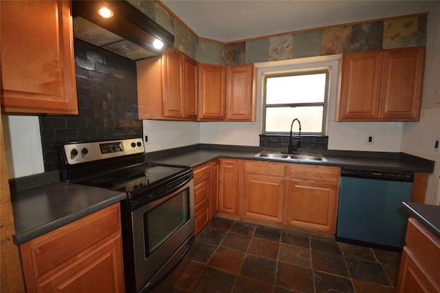 3708 NW 59th St, Oklahoma City, OK 73112 - kitchen featuring dishwasher, stainless steel range with electric stovetop, a sink, custom range hood, and dark stone finish floors