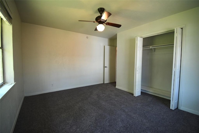3708 NW 59th St, Oklahoma City, OK 73112 - unfurnished bedroom with dark colored carpet, ceiling fan, a closet, and baseboards