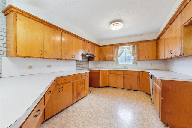 1009 Cherokee Pl, Lindsay, OK 73052 - kitchen with under cabinet range hood, a textured ceiling, light countertops, dishwasher, and brown cabinetry