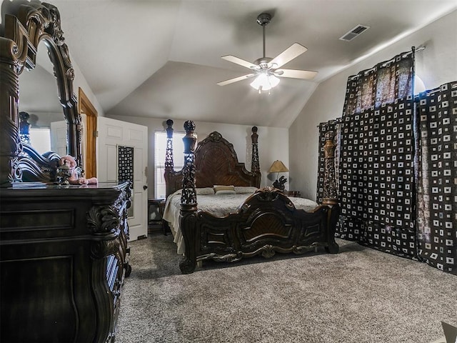 9315 Fendrych Dr, Oklahoma City, OK 73165 - carpeted bedroom with vaulted ceiling and a ceiling fan