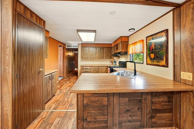 kitchen with under cabinet range hood, light wood-style flooring, black range with gas cooktop, a sink, and a peninsula
