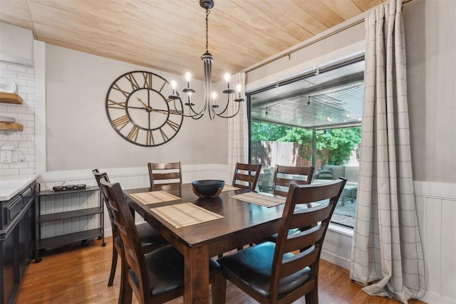dining space with wood finished floors, a chandelier, wooden ceiling, and wainscoting