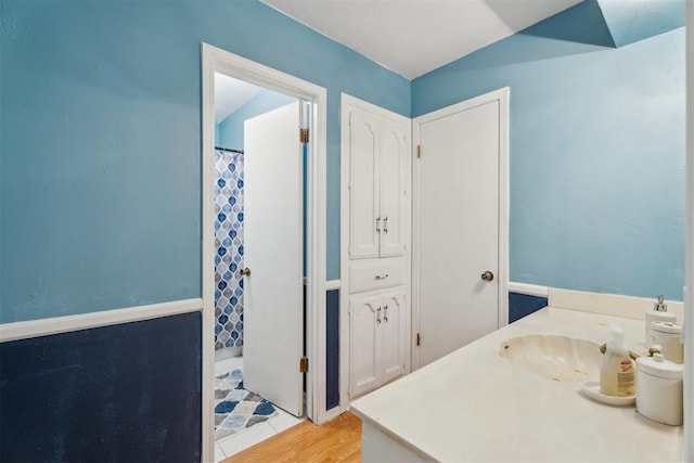 full bath featuring a sink, a shower with shower curtain, and wood finished floors