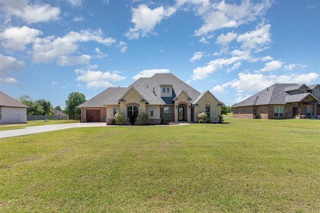 french country inspired facade with driveway, a garage, a front yard, stone siding, and brick siding