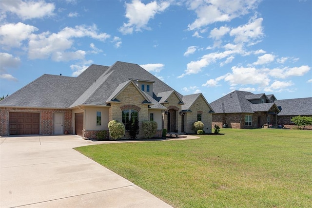 view of front facade with a garage, concrete driveway, stone siding, a front lawn, and brick siding