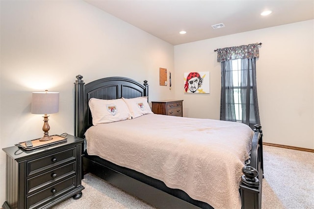 bedroom with carpet flooring, recessed lighting, and baseboards