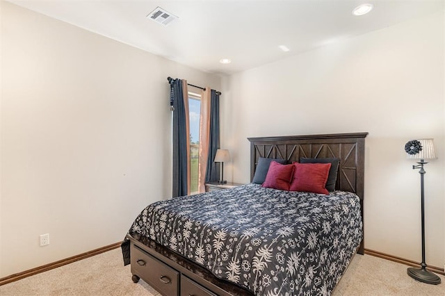 bedroom with carpet floors, baseboards, and recessed lighting