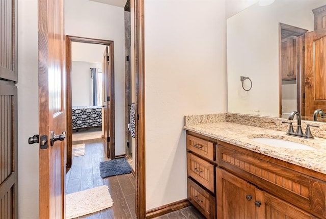 bathroom with wood finished floors, vanity, and ensuite bathroom