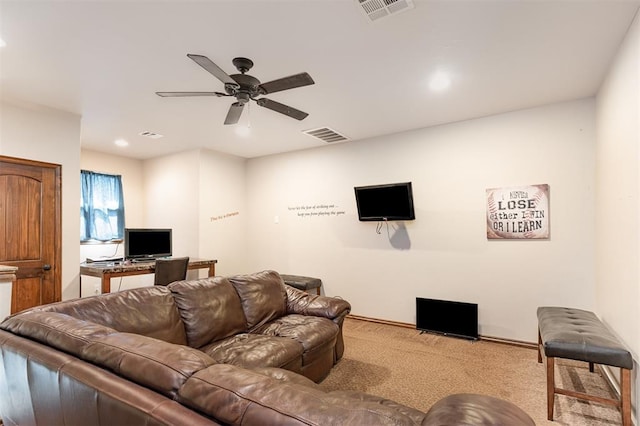 living room featuring carpet flooring, a ceiling fan, an office area, and recessed lighting