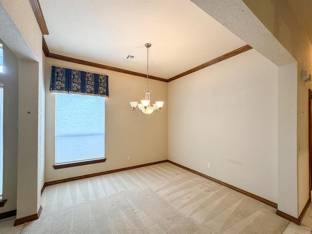 3424 Teton Ct, Norman, OK 73072 - empty room with light colored carpet, baseboards, ornamental molding, and a chandelier