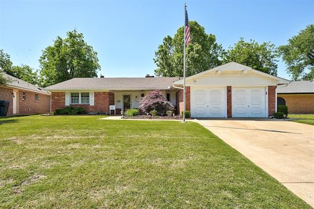 5708 NW 87th St, Oklahoma City, OK 73132 - single story home with concrete driveway, brick siding, a garage, and a front lawn