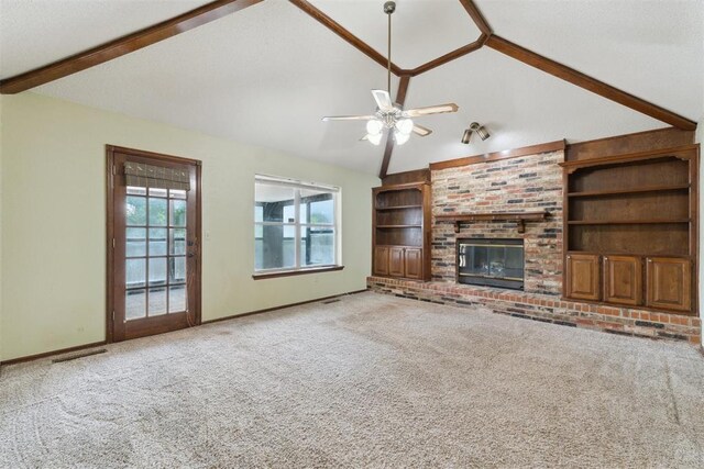 1104 Cedar Hill Pl, Oklahoma City, OK 73110 - unfurnished living room with carpet floors, a brick fireplace, a ceiling fan, built in features, and baseboards