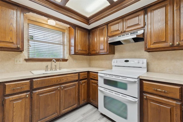 1104 Cedar Hill Pl, Oklahoma City, OK 73110 - kitchen with double oven range, under cabinet range hood, a sink, light countertops, and ornamental molding