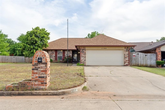 1104 Cedar Hill Pl, Oklahoma City, OK 73110 - ranch-style house featuring a garage, driveway, roof with shingles, and brick siding