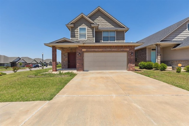 8345 NW 137th St, Oklahoma City, OK 73142 - view of front facade with brick siding, driveway, a garage, and a front yard