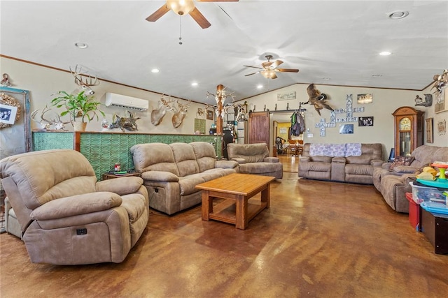living room with ceiling fan, a wall unit AC, concrete floors, recessed lighting, and lofted ceiling