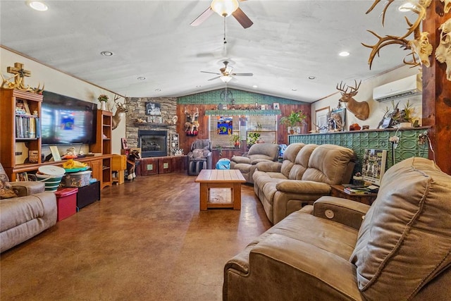 living room with lofted ceiling, a wall unit AC, ceiling fan, concrete floors, and recessed lighting