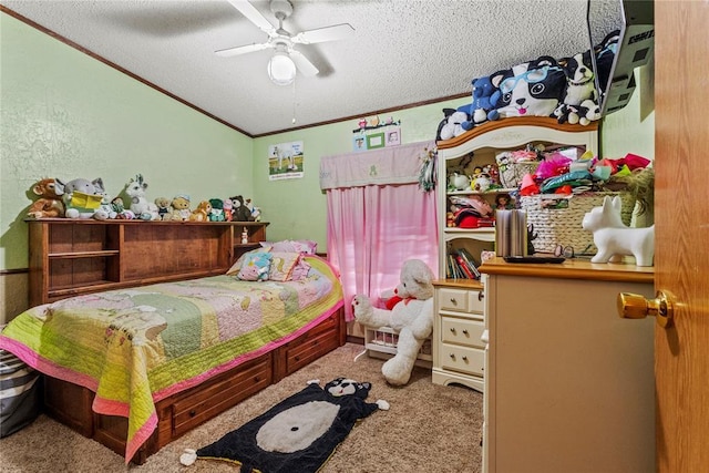 carpeted bedroom with crown molding, a textured ceiling, ceiling fan, and lofted ceiling