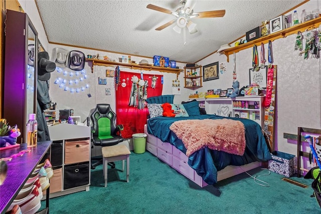 carpeted bedroom featuring a textured ceiling, lofted ceiling, and a ceiling fan