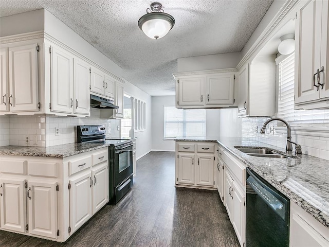 3605 Country Clb, Moore, OK 73160 - kitchen with black appliances, a sink, a textured ceiling, under cabinet range hood, and white cabinets