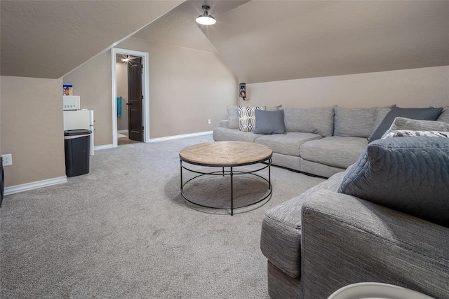 271 Taylam Rd, Goldsby, OK 73093 - living room featuring lofted ceiling, carpet, and baseboards