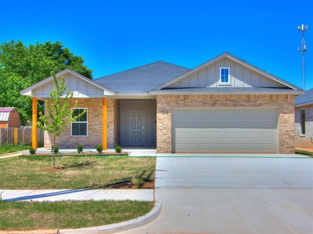 ranch-style home with brick siding, board and batten siding, driveway, and an attached garage
