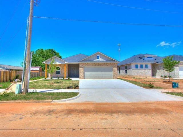 ranch-style house with a garage, fence, concrete driveway, and brick siding