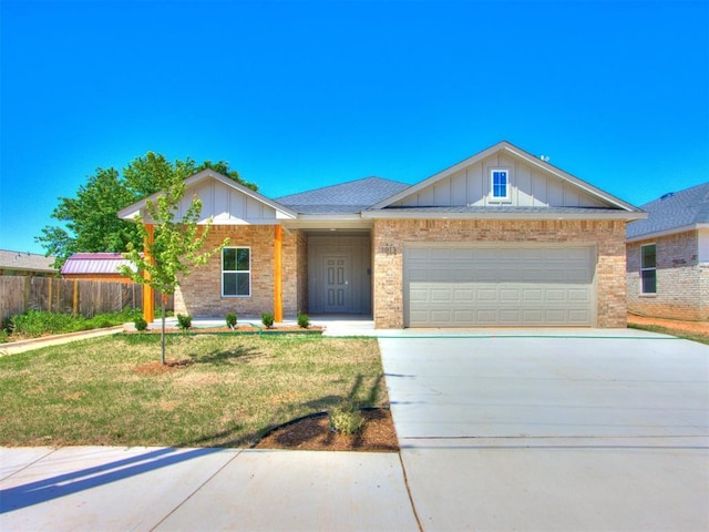 ranch-style home with brick siding, board and batten siding, an attached garage, and driveway