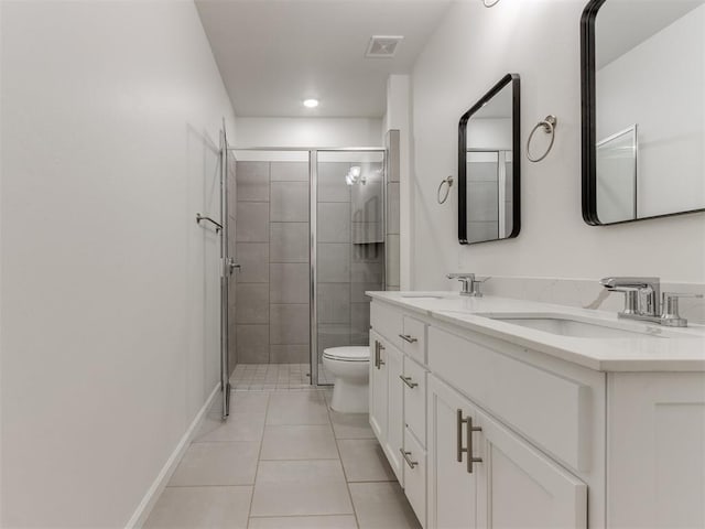 full bath featuring tile patterned floors, a stall shower, double vanity, recessed lighting, and toilet