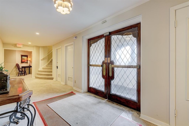1114 Sherwood Ln Unit B-2, Nichols Hills, OK 73116 - carpeted entrance foyer featuring stairs, french doors, baseboards, ornamental molding, and recessed lighting