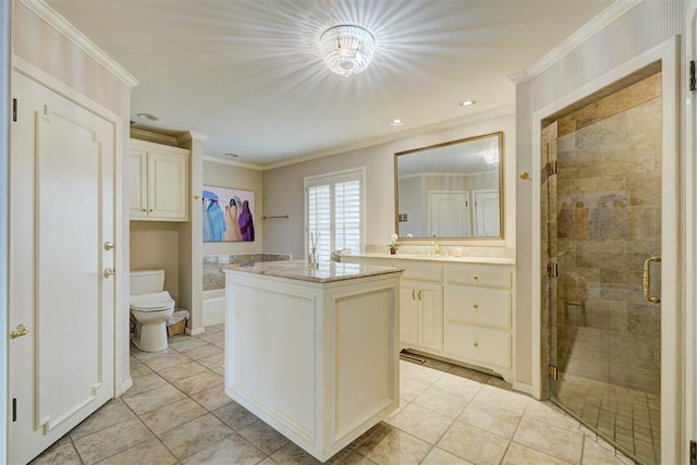 1114 Sherwood Ln Unit B-2, Nichols Hills, OK 73116 - bathroom with toilet, a stall shower, ornamental molding, tile patterned flooring, and vanity