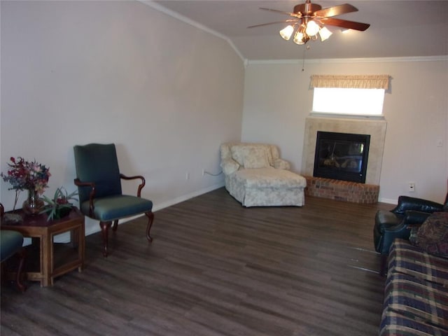 1926 E Aspen Pl, Shawnee, OK 74804 - living area featuring crown molding, wood finished floors, baseboards, ceiling fan, and a fireplace