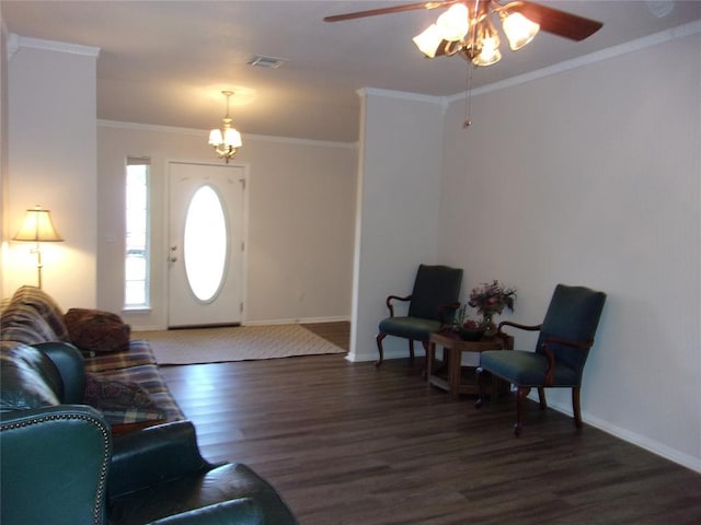 1926 E Aspen Pl, Shawnee, OK 74804 - living room featuring wood finished floors, ornamental molding, baseboards, and a ceiling fan