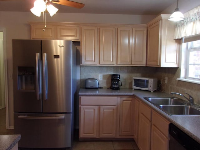 1926 E Aspen Pl, Shawnee, OK 74804 - kitchen featuring stainless steel fridge, a sink, dishwasher, tasteful backsplash, and a ceiling fan