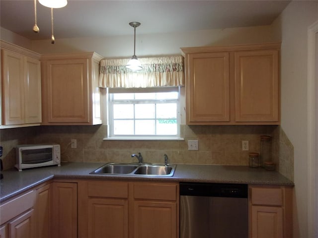1926 E Aspen Pl, Shawnee, OK 74804 - kitchen featuring dishwasher, a sink, decorative backsplash, light brown cabinets, and pendant lighting