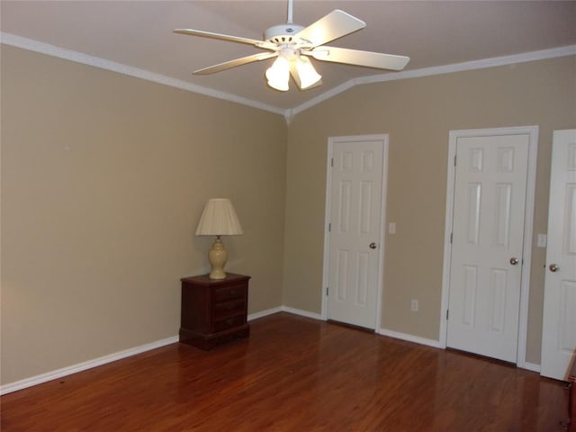 1926 E Aspen Pl, Shawnee, OK 74804 - unfurnished bedroom with wood finished floors, crown molding, vaulted ceiling, baseboards, and a ceiling fan