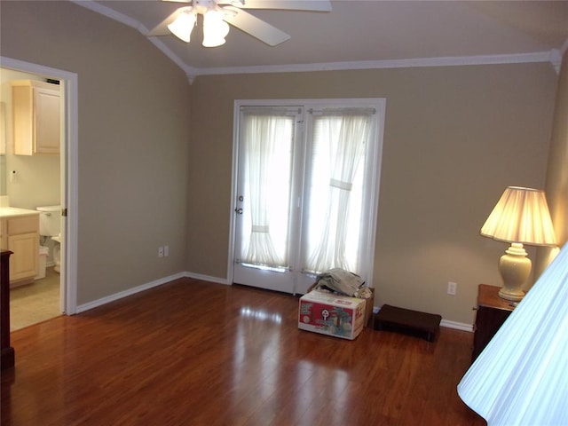 1926 E Aspen Pl, Shawnee, OK 74804 - bedroom featuring lofted ceiling, baseboards, wood finished floors, ornamental molding, and ensuite bath
